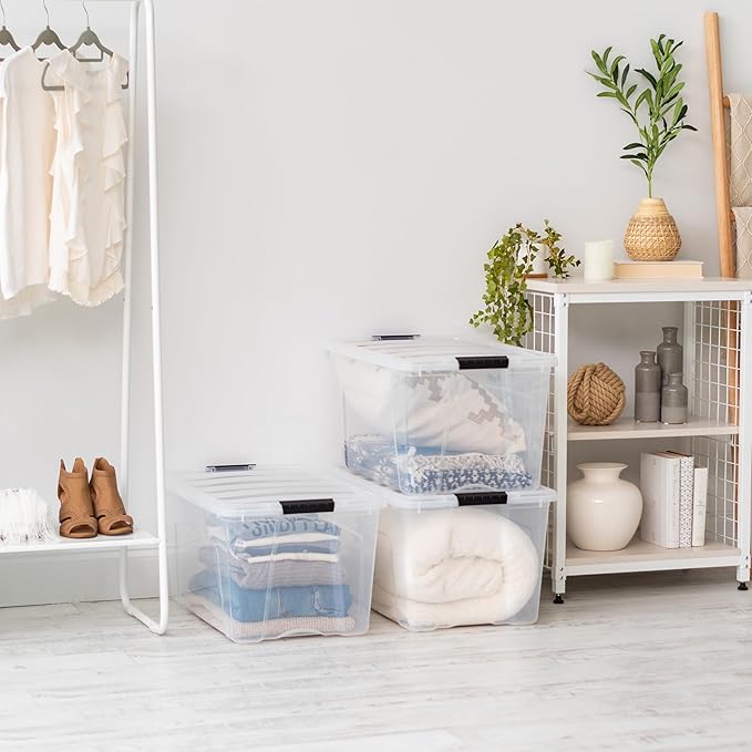 IRIS USA 72 Qt Stackable Plastic Storage Bins with Lids, 6 Pack - BPA-Free, Made in USA - See-Through Organizing Solution, Latches, Durable Nestable Containers, Secure Pull Handle - Clear