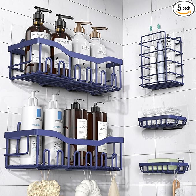 EUDELE 5-Pack Rustproof Stainless Steel Shower Caddy – No Drill Adhesive Bathroom Organizer with Large Capacity, Spacious Shower Shelves for Inside Shower, Kitchen & Home Decor Storage-XL Size