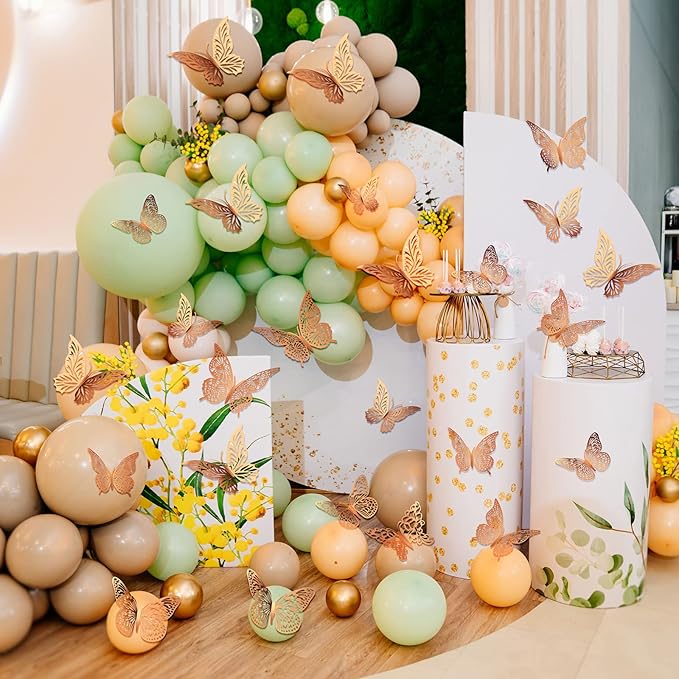 3D Gold Butterfly Wall Decor 3 Sizes 4 Styles Butterfly Party Decorations Cake Decorations Removable Stickers Wall Decor Room Mural Metallic Kids (Rose Gold, 96Pcs)