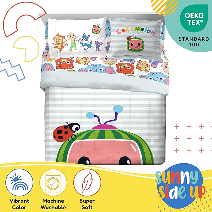 CoComelon Full Size Comforter Set - 7 Piece Kids Bedding Includes Comforter, Sheets & Pillow Cover - Super Soft Microfiber Animal Bed Set