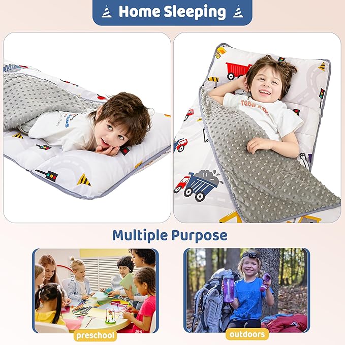 Viviland Toddler Kid Nap Mat for Preschool, Boys Car Truck Slumber Bag, Daycare Sleeping Bag with Pillow and Blanket, Kindergarten Sleep Mat