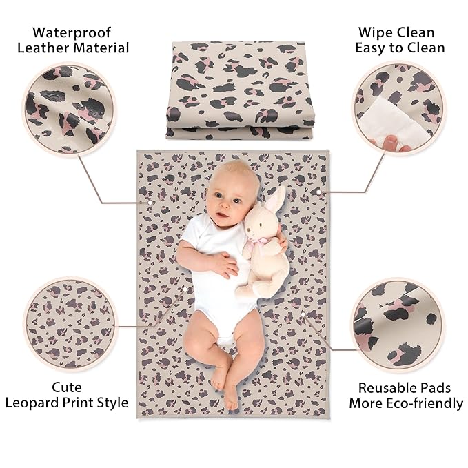Vegan Leather Baby Changing Mat - Wipeable Portable Changing Pad, Foldable Travel Changing Mat for Baby, Newborns Toddlers Shower Gifts (Leopard Print,20"*28")