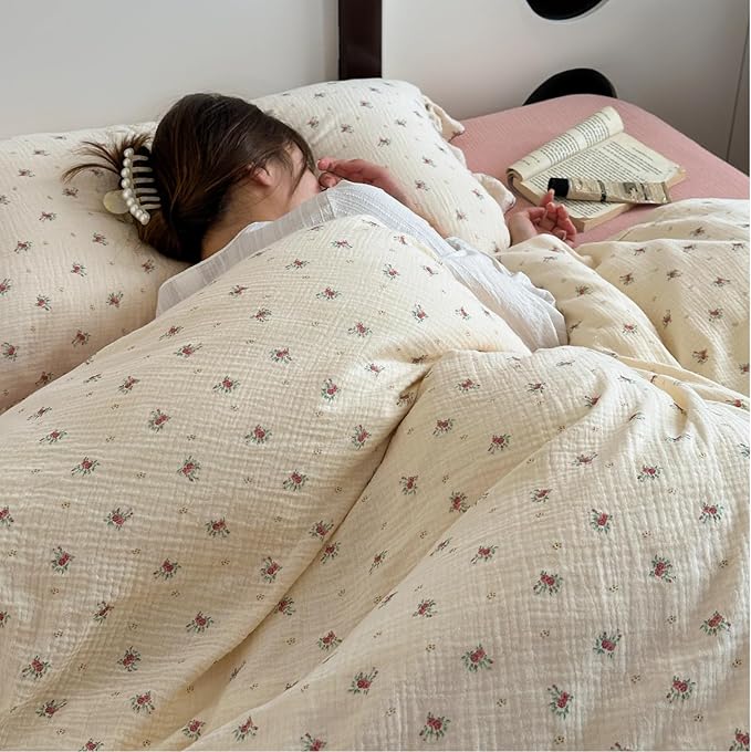 BuLuTu Muslin Cotton Duvet Cover Full Elegant Ruffles Duvet Covers Soft Breathable Comforter Cover Kids Adults Bedding Floral Quilted Cover, 79"x90", No Pillow/Pillow Cases