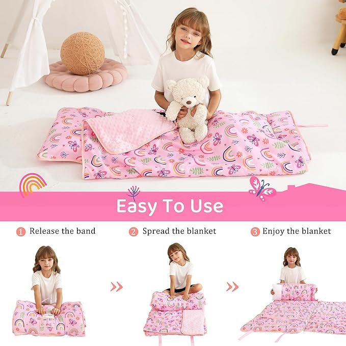 Toddler Nap Mat for Preschool 50''x30'' Sleeping Mat with Removable Pillow and Minky Blanket for Kids Ages 3-7 Roll Up Soft Sleeping Bag for Boys Girls Kindergarten Daycare Sleepover