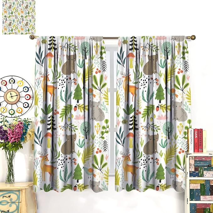 Cartoon Forest Kids Curtains,Cute Woodland Wild Animals Colorful Deer Plants Trees Print Pattern Thermal Insulation Blackout Window Drapes for Nursery Boys Girls Bedroom,White Background 42x45 Inch