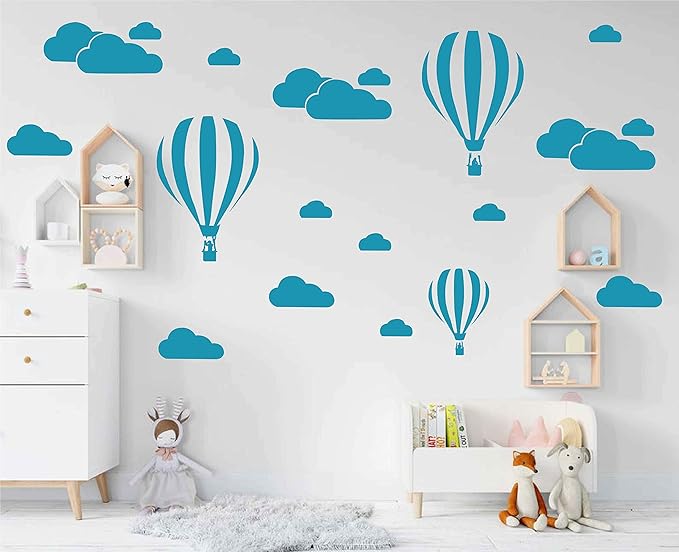 Giant Removable Vinyl 3D Hot air Balloons with Clouds Wall Decals DIY Wall Stickers Nursery Decor Kids Bedroom Art Decoration Girls Rooms Decal Child Sticker Home Walls Decal (White) D952 (Teal)