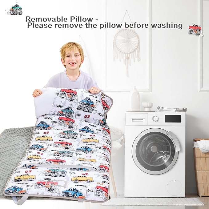 Viviland Toddler Nap Mat with Pillow and Minky Blanket,Rolled Large Sleeping Mat for Boys, Kids Slumber Bag Nap Mat for Preschool, Daycare, Kindergarten, Travel Camping - Monster Truck