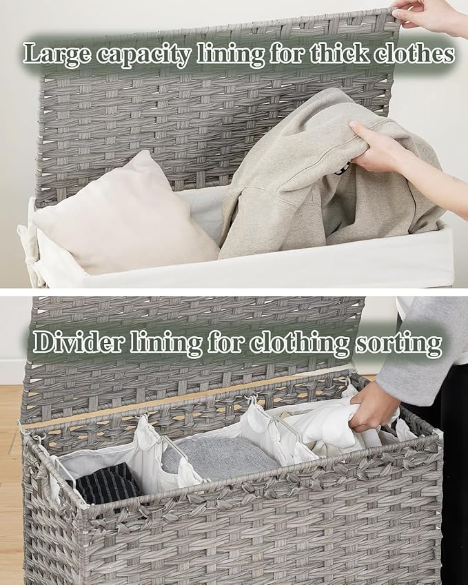 Laundry Hamper with Lid Laundry Basket 132 L (35 Gal) Wicker Clothes Hamper, Handwoven Rattan Hamper with Handles and 4 Removable Liner Bags, 6 Mesh Bags for Laundry Bedroom Gray