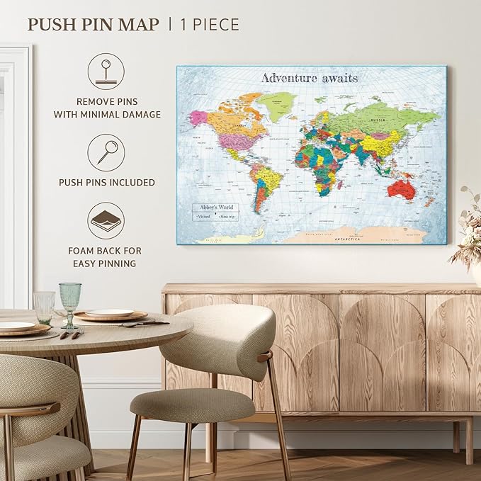 ElephantStock - Personalized Adventure Awaits IV Push Pin World Map Wall Art - Horizontal Canvas Wall Art - Living Room Wall Decor - Digital Art Map Canvas Art - Blue And Green Decor - 39" x 26"