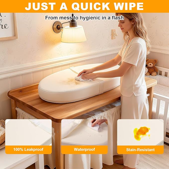 Baby Diaper Changing Pad, Wipeable Baby Changing Pad for Dresser, Contoured Waterproof Changing Pad with PU Cover, Non-Slip Safety Belt & Bottom, Portable, Lightweight