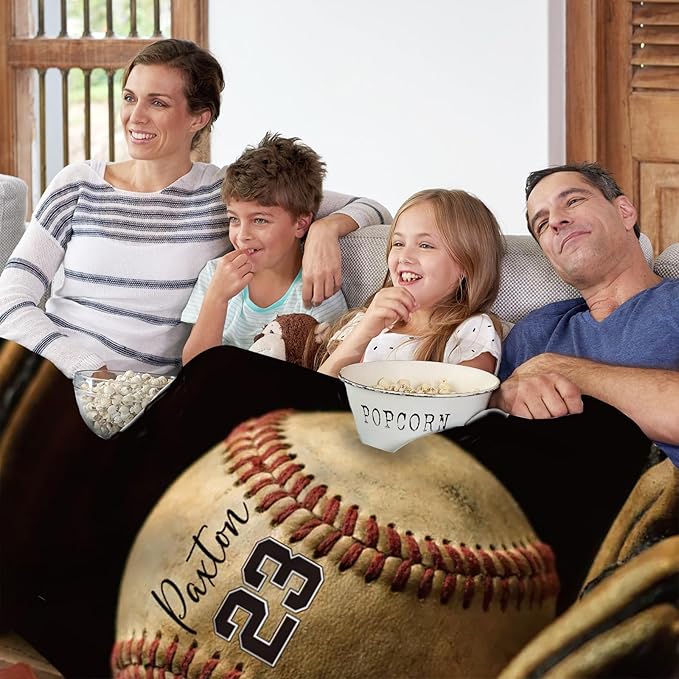 Custom Softball Baby Blanket with Name Number: Personalized Fluffy and Warm Gift for Baby Toddler Kids and Adults Birthday Skin-Friendly Flannel Fabric(50"x60")