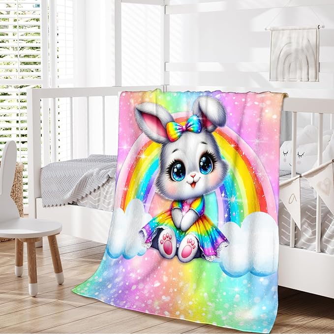 Girls Blanket Bunny Throw Blankets for Toddler Kids Daughter Birthday, 30X40 Inches Soft Lightweight Cute Rabbit Throw for Sofa Couch Bed Travel Rainbow Print Decor Gift