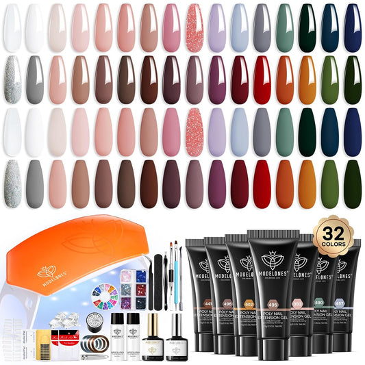 Modelones 133pcs Poly Nail Gel Kit, 32 Colors Earthy Tones Complete Extension Gel Nail Kit with 8W Lamp Slip Solution Builder Tools for Starter DIY Salon Use