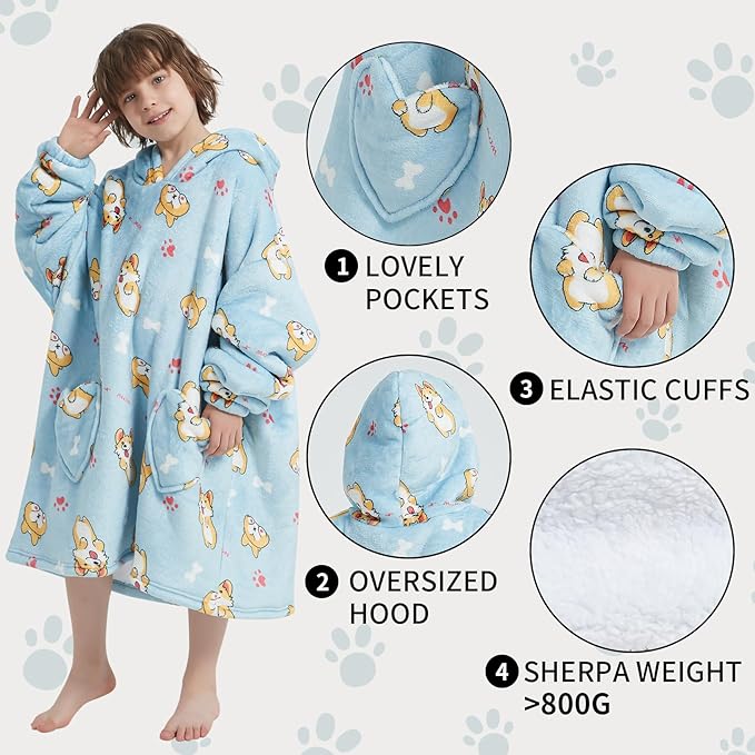 Fiosnow Corgi Blanket Hoodies for Kids 6-13YR Oversize Wearable Blanket Hoodies for Boys Girls Teens