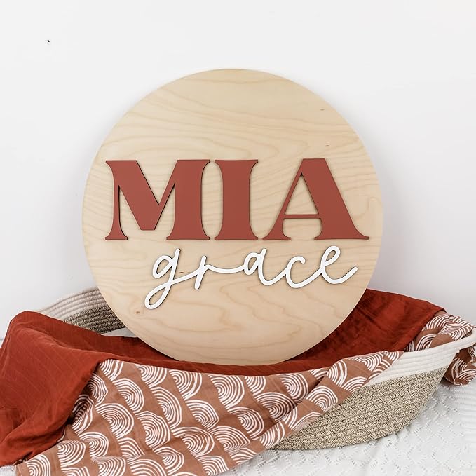 Custom Round Nursery Name Sign, Personalized Wooden Wall Plaque, 12" 18" 24", 30" 3D Wall Art for Children & Kids Rooms, Baby Shower, Hickory Hollow Designs (Mia Grace)