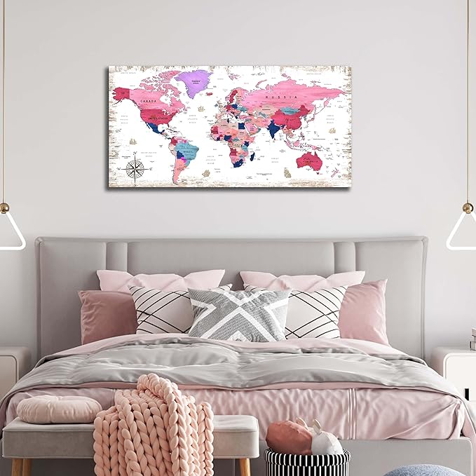 ZHAOSHOP Pink Pictures Wall-Decor - World Map Canvas Wall Art For Bedroom Girls - Wall Pictures For Living Room Decor Ready to Hang Size 40" x 20"