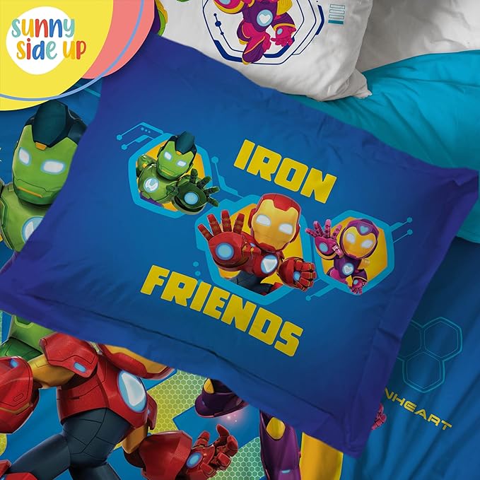 Sunny Side Up Kids Comforter Set Includes Sheets and Pillow Covers - Soft and Cozy Bed Set for Stylish Room Decor, Blue - Iron Man and His Awesome Friends, 5 Piece Twin Size Bedding
