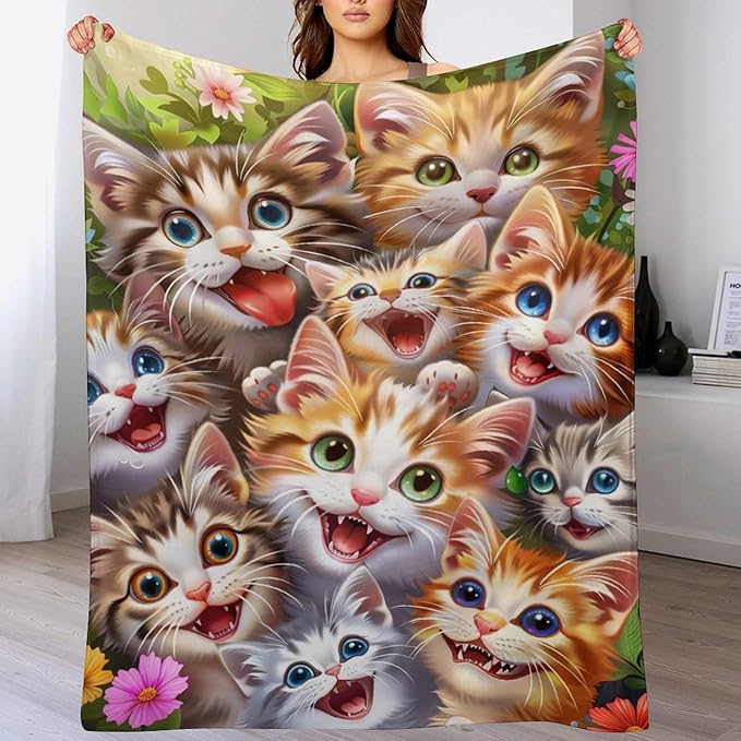 Cat Blanket Funny Cat Gifts for Girls Boys Woman Kids Lover Throw Blankets Soft Blanket Warm Fleece Flannel Plush Blankets for Bed Sofa Couch 60"x80"
