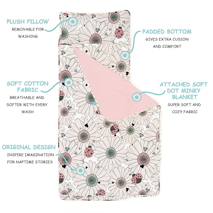 JumpOff Jo Extra Long Nap Mat for Kids - Cozy Kids Rest Mat with Removable Pillow and Ultra Soft Blanket for Preschool, Daycare, and Sleepovers - Floral, Daisy Bug