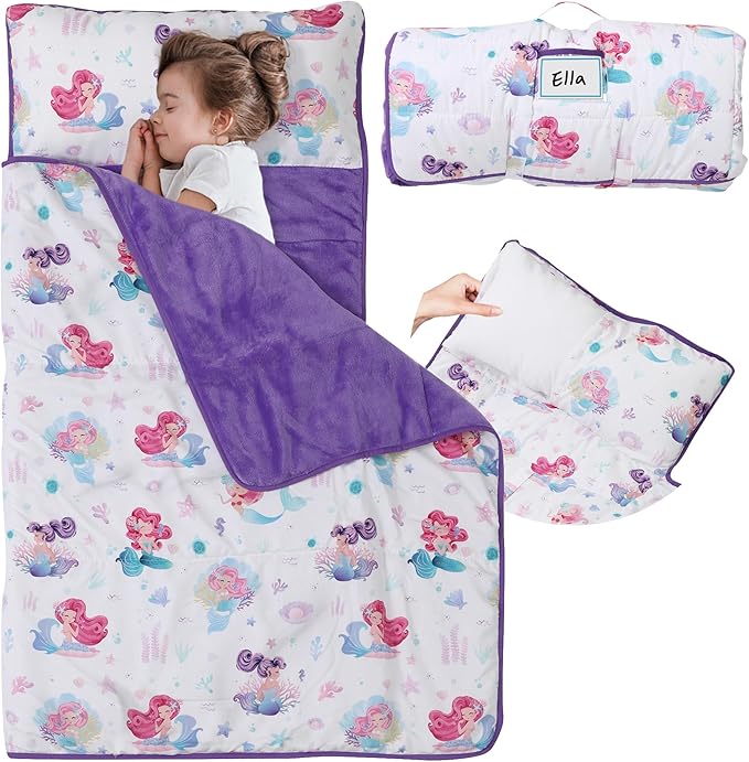 Toddler Nap Mat with Detachable Pillow & Blanket - Soft Plush Minky Fleece Kids Sleeping Bag for Daycare, Preschool & Travel - Portable Roll-Up Design with Carry Handle - Boys Girls Ages 3+