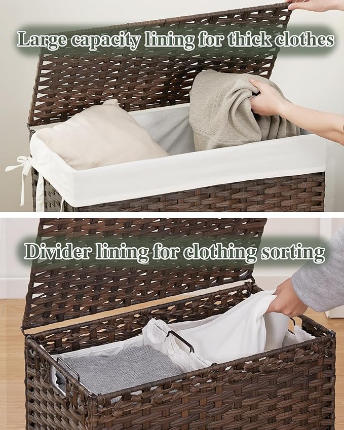 Laundry Hamper with Lid Wicker Laundry Basket 112 L (29.6 Gal) Laundry Hampers Handwoven Rattan Laundry Hamper with Handles 3 Removable Washing Bag, 6 Mesh Bags for Bathroom Bedroom Brown