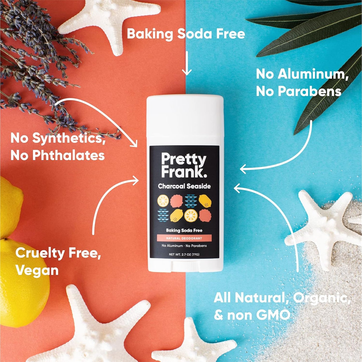 Pretty Frank Natural Aluminum-Free Deodorant Stick with Charcoal, Baking Soda-Free, Charcoal Seaside (2-Pack) | Sensitive Skin Friendly, Effective Odor Control for Women & Men, Organic Ingredients