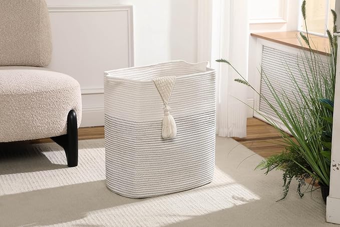 Tall Laundry Basket With Handles,Woven Cotton Rope Big Laundry Hamper Sorters,Versatile Storage for Dirty Clothes,Baby Toys,and Blankets in Bathroom, Nursery,and Living Room (White/Black Line, 80L)