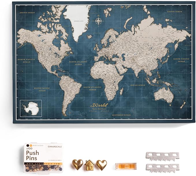 Canvas World Map with Cork Pin Board - English Lettering - Decorative Wall Decoration for All Rooms - Canvas Pictures with World Map Motif (150x100 cm, Pattern 19)