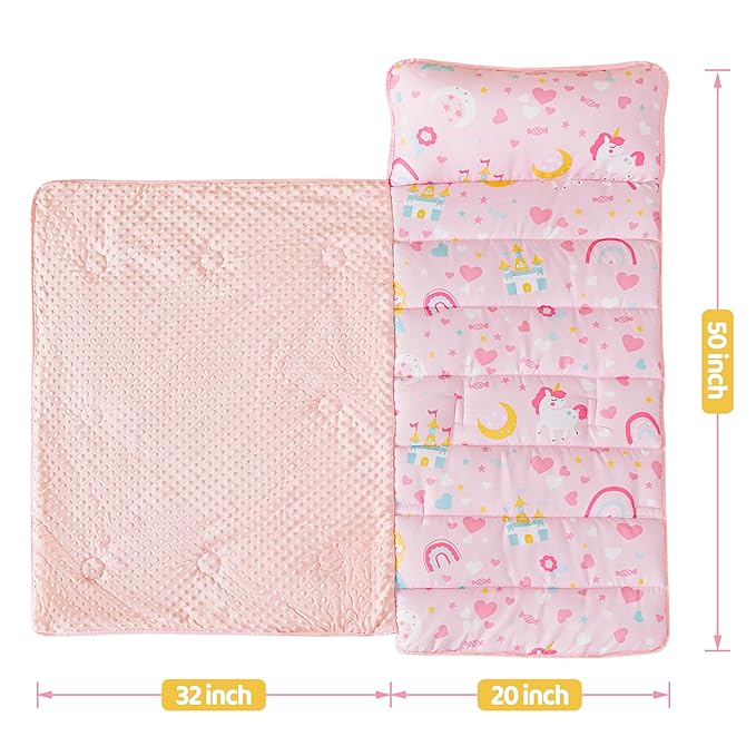 Viviland Toddler Kid Nap Mat for Preschool, Girls Pink Princess Daycare Kindergarten Slumber Bag
