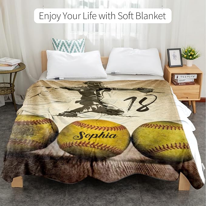 Custom Softball Blanket with Number Name: Personalized Fluffy and Warm Gift for Baby Toddler Kids and Adults Birthday Skin-Friendly Flannel Fabric(30X40inch)