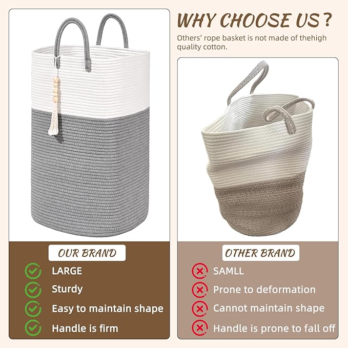 Woven Laundry Basket for Clothes, 50L Large Rectangle Laundry Hampers with Beads Tassel, Nursery Storage Basket for Toys, Tall Dirty Clothes Hamper for Bedroom Aesthetic, Laundry Room Organization