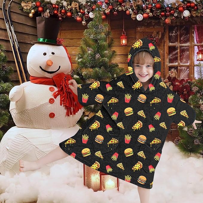 Fiosnow Pizza and Chips Blanket Hoodies for Kids Toddler 2-6YR Oversize Wearable Blanket Hoodies for Boys Girls Teens