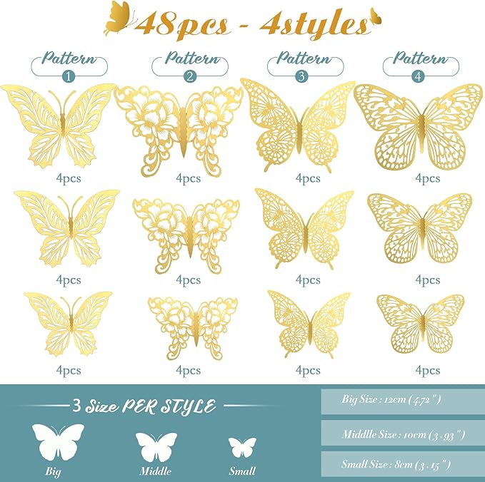 3D Gold Butterfly Wall Decor 3 Sizes 4 Styles Butterfly Party Decorations Cake Decorations Removable Stickers Wall Decor Room Mural Metallic Kids (Gold, 48Pcs)