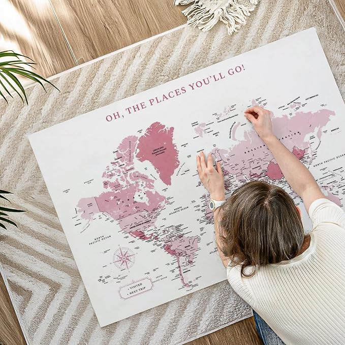 ElephantStock - Places You'll Go Push Pin World Map Wall Art - Horizontal Canvas Wall Art - Living Room Wall Decor - Digital Art Map Canvas Art - White And Pink Decor - 45" x 30"