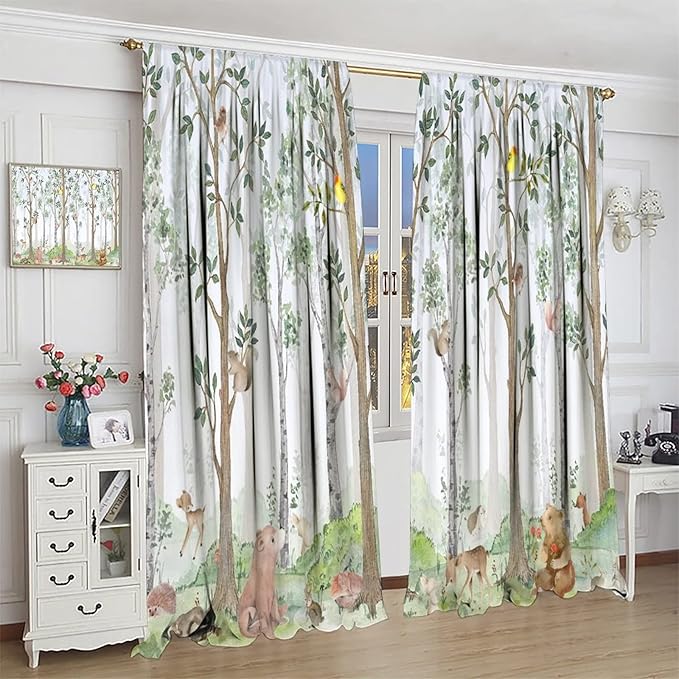 Kids Watercolor Woodland Animal Window Curtains, Bear Deer Squirrel Hedgehog Fox Birds Green Forest Blackout Rod Pocket Treatment for Boys Girls Bedroom 42x63in