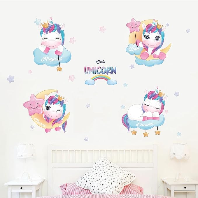 Unicorns Wall Decals - Colourful Peel and Stick Cute Unicorn Wall Stickers, Decor for Baby Nursery, Toddler & Kids Bedroom Walls