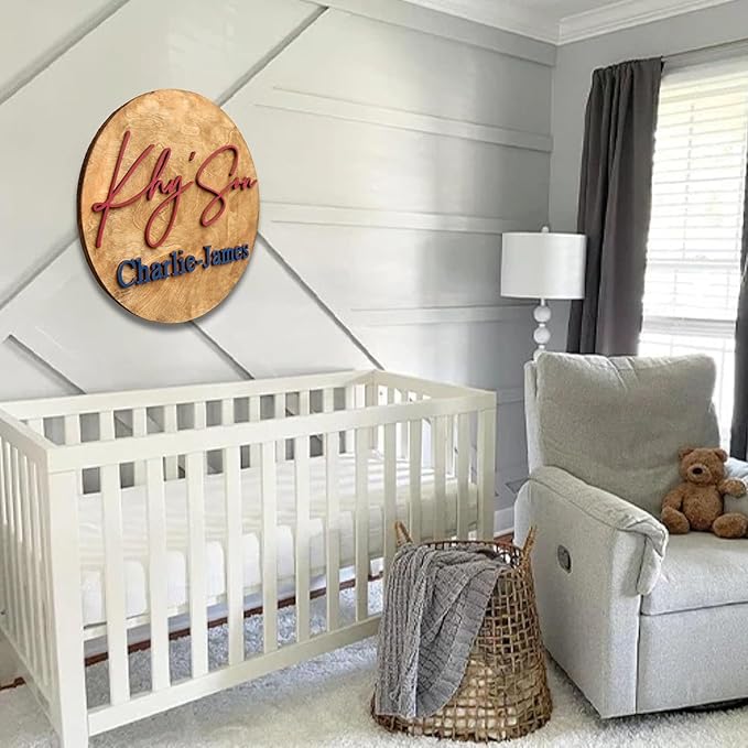 Custom Round Nusery Name Sign, Personalized 3D Baby Name Announcement Sign, Personalized Wooden Wall Plaque, 3D Wall Art for Children & Kids Rooms, Family Name Signs, 30 Colors (Design 5)