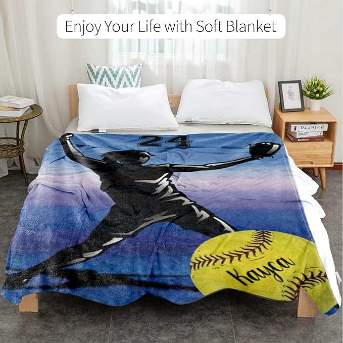 Custom Softball Blanket with Name Number: Personalized Fluffy and Warm Gift for Baby Toddler Kids and Adults Birthday Skin-Friendly Flannel Fabric(30X40inch)