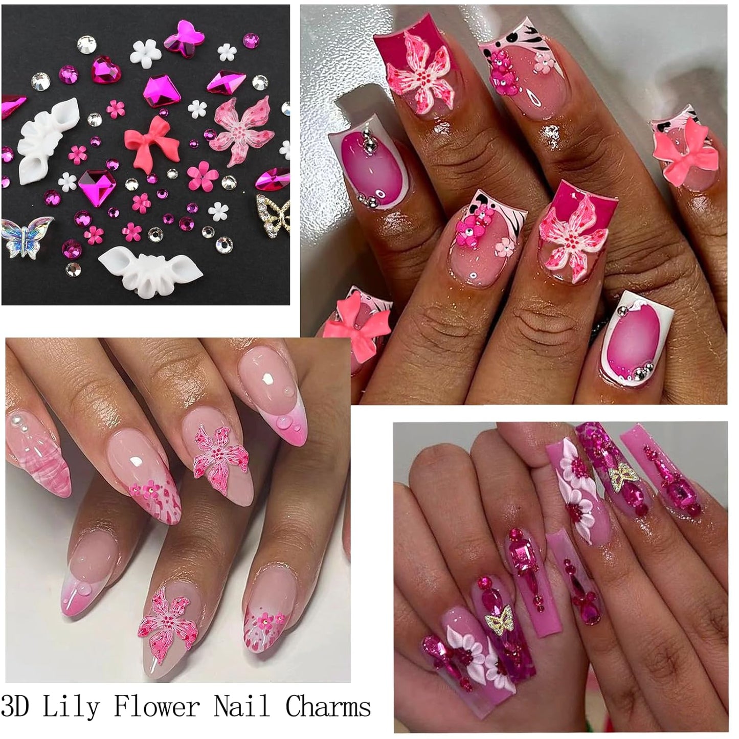 4 Boxes Pink Red Nail Gems Bow Flower Nail Charms for Acrylics - Irregular Crystals, Nails Rhinestone & Accessories for Women Nails Art Design Nails Decor(Pink & Red)