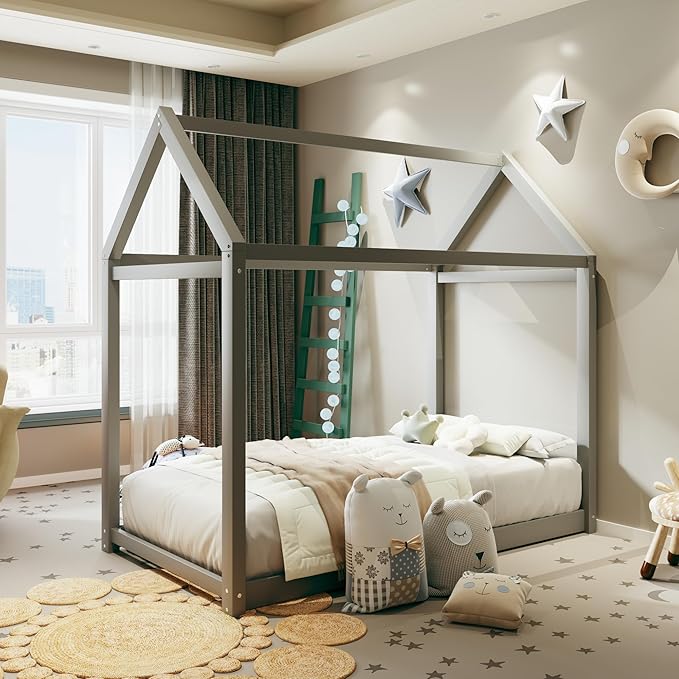 Merax Wood House Bed,Floor Bed with Wood Slats,No Box Spring Needed,Twin Size, Grey