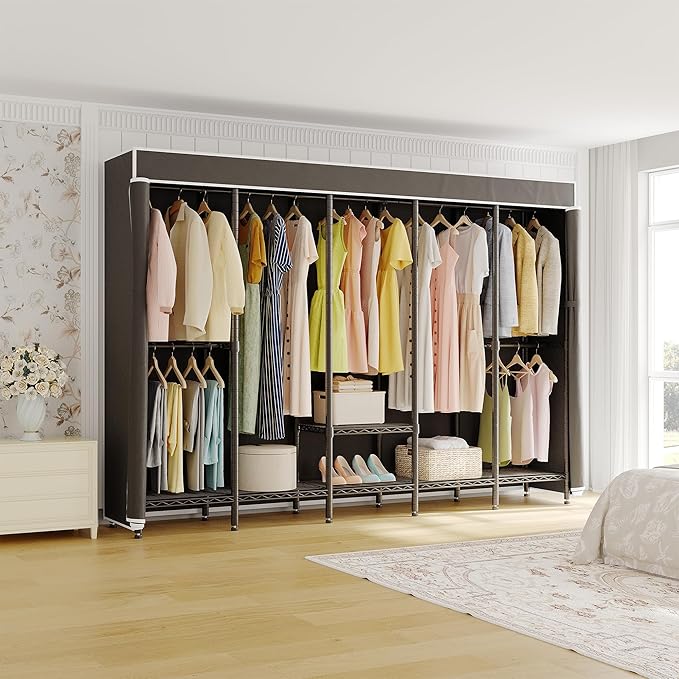 94.5"W Heavy Duty Clothing Rack with Cover, H5C Garment Rack with Adjustable Shelves Freestanding Wardrobe Closet with Hanging Rods Portable Closet, Black Rack with Black Cover, Load 1400 lbs