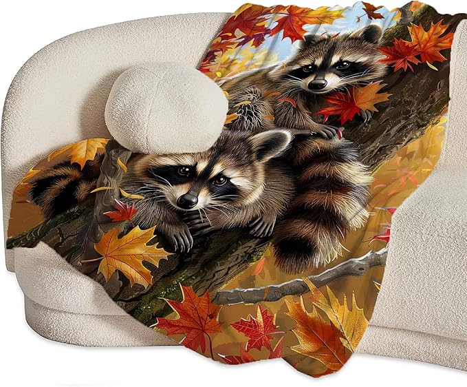 Raccoon Blanket Funny Raccoons Gifts for Girls Boys Woman Kids Raccoon Lover Maple Leaf Throw Blankets Soft Blanket Warm Fleece Flannel Plush Blankets for Bed Sofa Couch 60"x80"