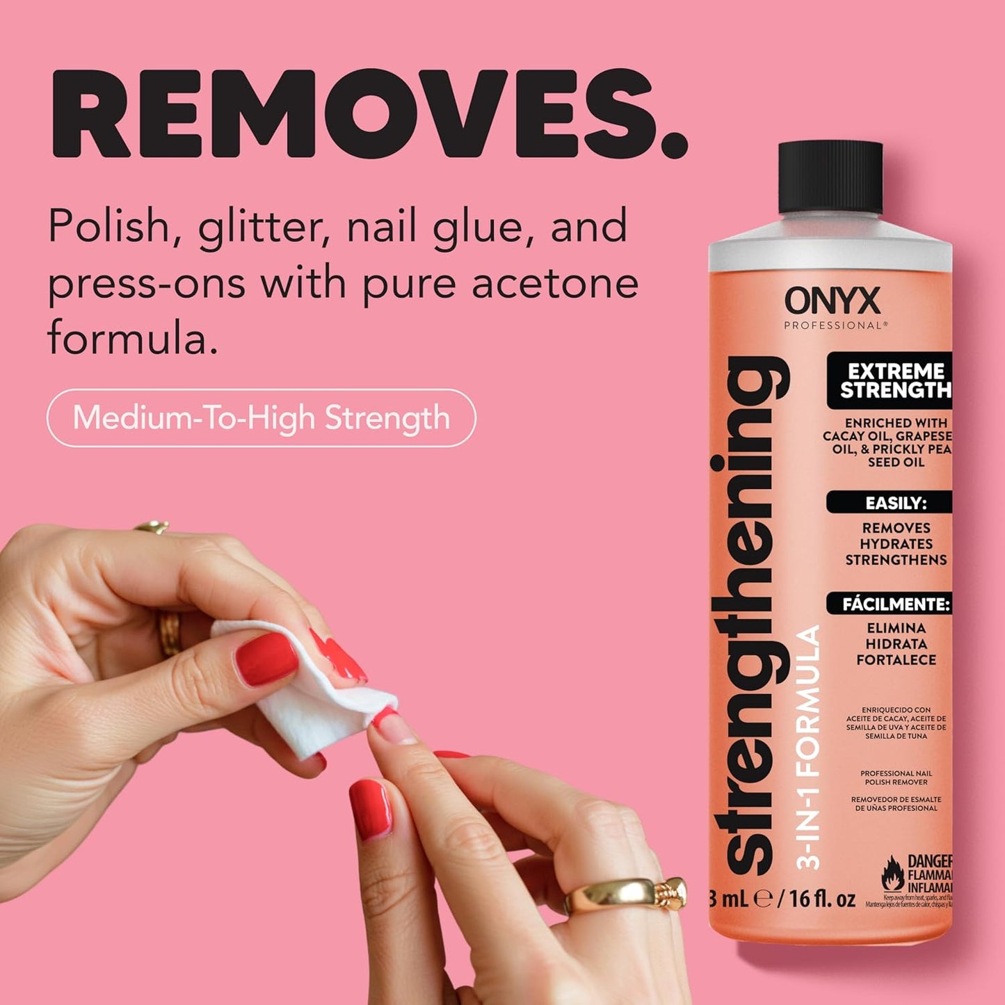 Onyx Professional 3-in-1 Strengthening Nail Polish Remover with 7 inch Nail File, 16 fl oz - Removes Nail Polish, Hydrates, Strengthens Nails | Infused with Grapeseed Oil, Cacay Oil, Cactus Seed Oil