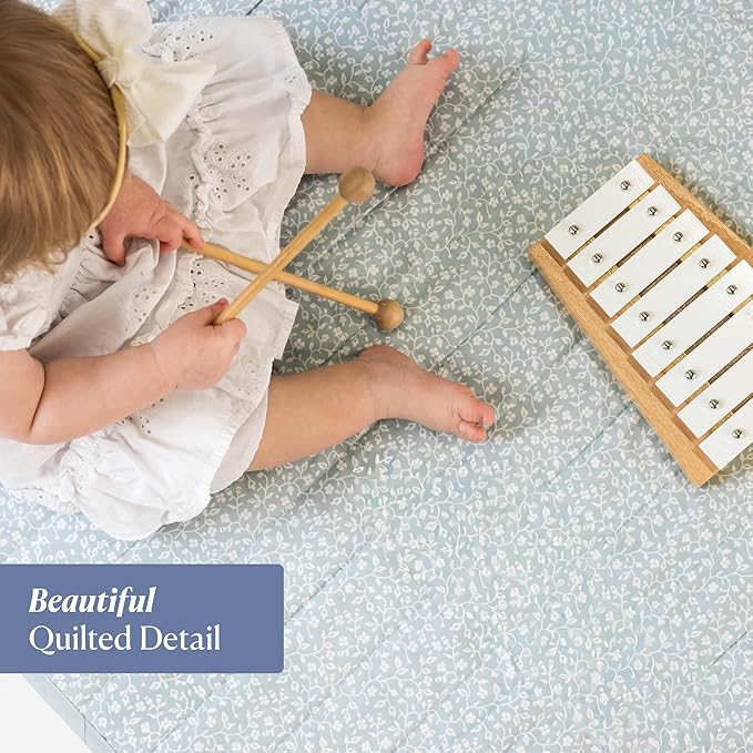 Toddlekind Premium Indoor/Outdoor Playmat & Picnic Blanket, Organic Quilted Cotton, Water-Resistant, Reversible Design, Spacious Play Mat for 6 People, Easy Roll-Up w/Carry Handle, Botanical Blue