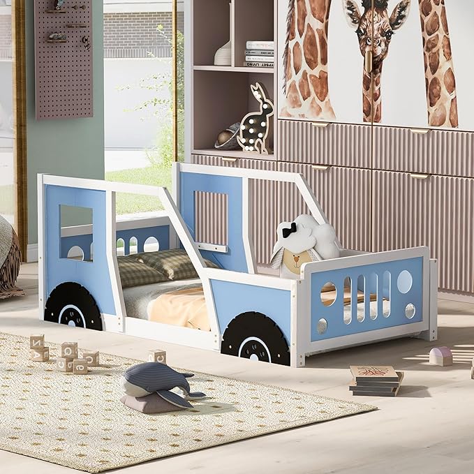 Merax Twin Size Classic Car-Shaped Platform Bed with Wheels, Wood Car Bed Frame for Boys, Blue