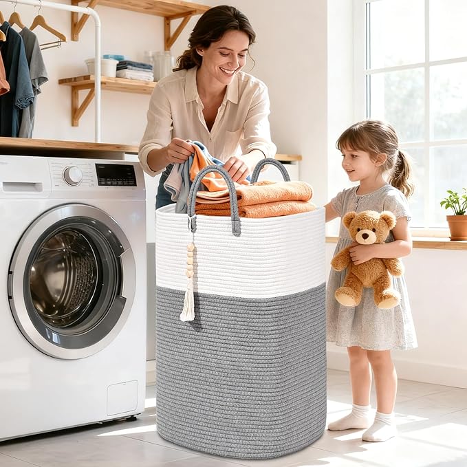 Woven Laundry Basket for Clothes, 50L Large Rectangle Laundry Hampers with Beads Tassel, Nursery Storage Basket for Toys, Tall Dirty Clothes Hamper for Bedroom Aesthetic, Laundry Room Organization