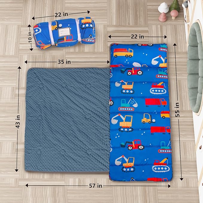 Primlect Thickened Toddler Nap Mat with Removable Pillow and Minky Blanket, Extra Large 55''x35'' Sleeping Bag, Washable, Roll up, Perfect for Daycare, Preschool, Kindergarten, Boys and Girls Blue Car