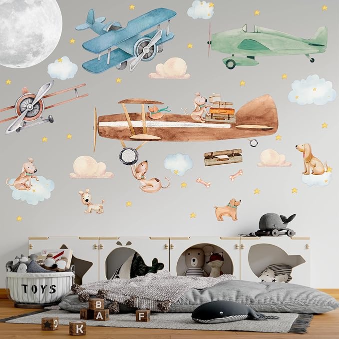 Airplane Wall Decals by Lipastick - 47-Piece Watercolor Vintage Plane Stickers for Kids, Boys Room, Baby Nursery, Toddler Bedroom Decor - Premium Vinyl Aircraft Art - XXL Size