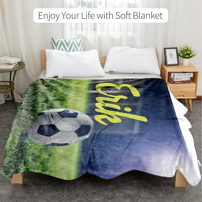 Personalized Baby Balll Soft Blanket: Custom Kids Soccer Design Blanket with Name and Number - Bedding Gifts for Infants Toddlers Adults 60x80inch