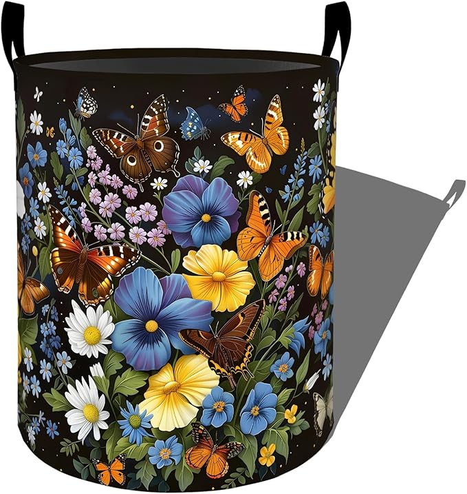 Blooming Floral with Colorful Butterfly Laundry Basket with Handles, 19.7"x15.7" Clothes Foldable Laundry Hamper Organizer for Dorm Nursery Bedroom Bathroom Decor, Toy Storage Bin for Kids